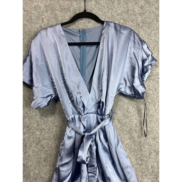 Revolve Romper Women Small Blue Satin V Neck Short Sleeve tie Waist - Picture 2 of 5